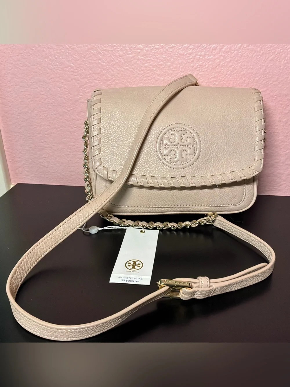Tory Burch Blush Leather Whipstitch Crossbody Bag